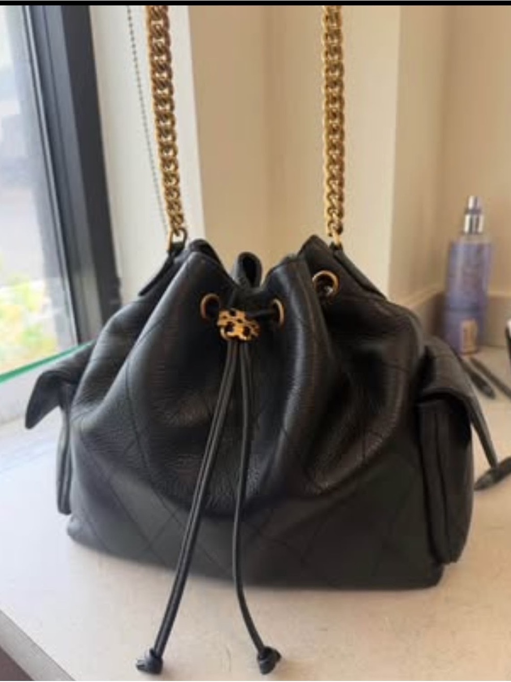 Tory Burch Black Quilted Leather Drawstring Shoulder Bag with Gold Chain
